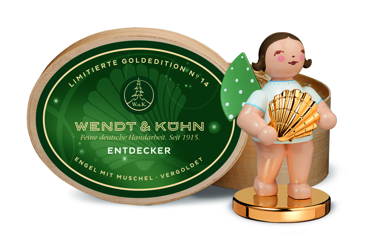 No. 14, Entdecker, Engel mit Muschel auf Metallsockel · vergoldet, in Spanschachtel. Limitierte Goldedition (22.222 Stück)