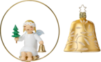 Engel im Ring mit Bäumchen und Glocke; Glasglocke in gold