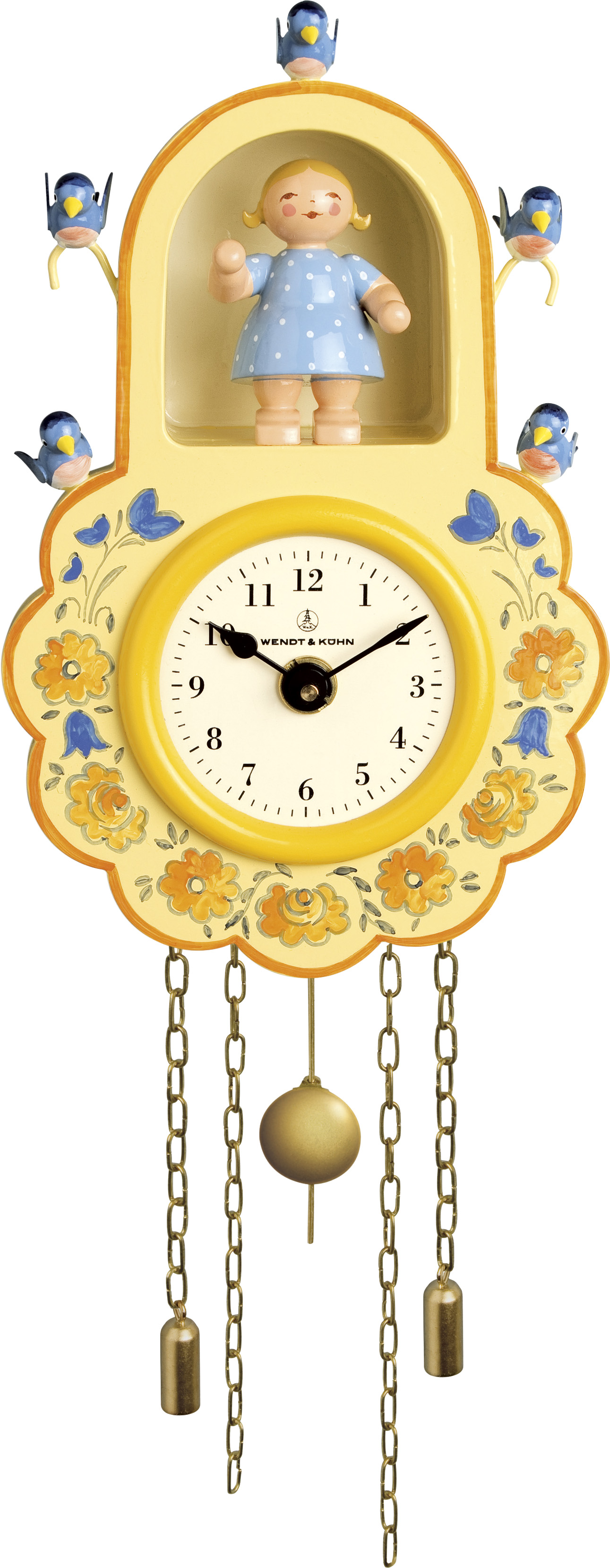 Wanduhr, gelb, mit Mädchen und Vögeln