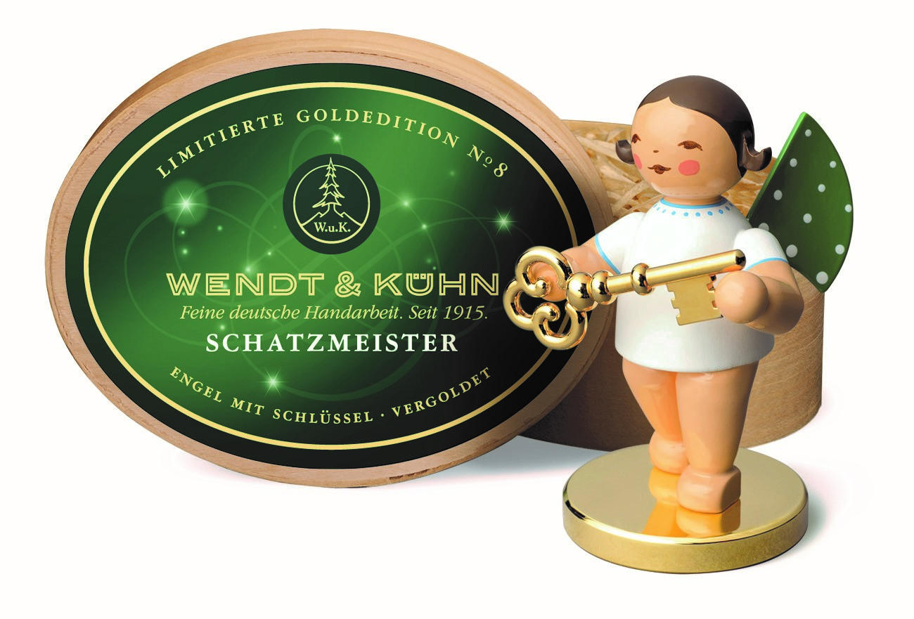No. 8, Schatzmeister, Engel mit Schlüssel auf Metallsockel · vergoldet, in Spanschachtel. Limitierte Goldedition (22.222 Stück)